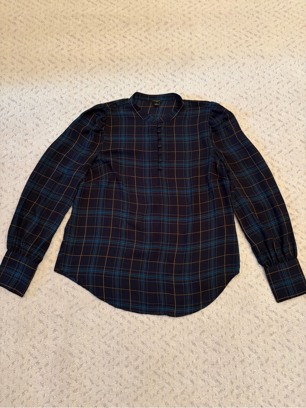 Ann Taylor Dressy Blouse Size S Dark Blue Subtle Plaid Preppy Chic Puff Sleeve